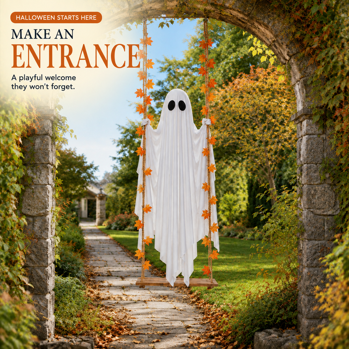 Glowing Halloween Hanging Swing Ghost – hanging ghost at a garden entrance