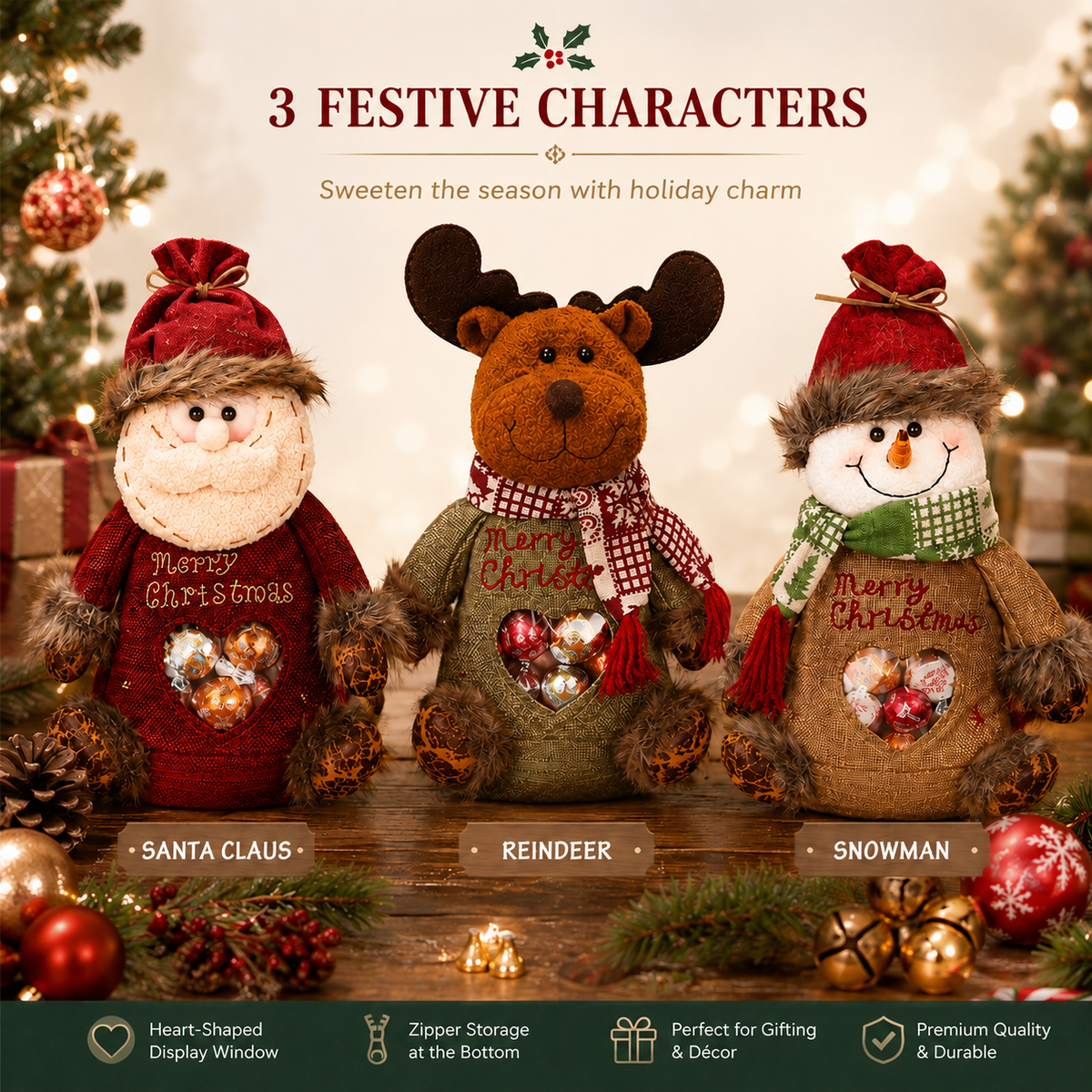 Christmas Character Zipper Gift Bag – Santa reindeer and snowman gift bag designs