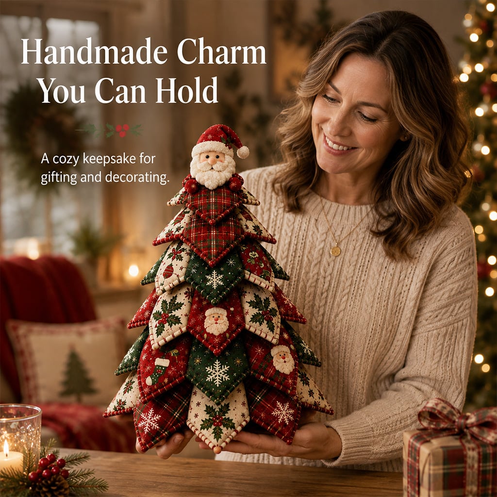DIY Quilted Christmas Tree Craft Kit – crafter holding a finished quilted tree