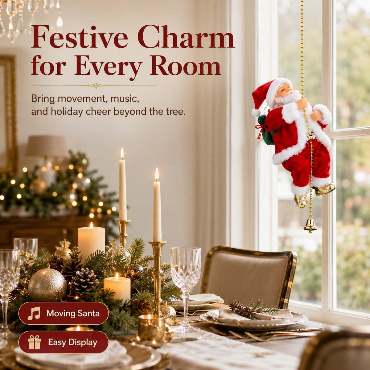 Animated Climbing Santa Christmas Decoration – animated Santa in a festive dining room