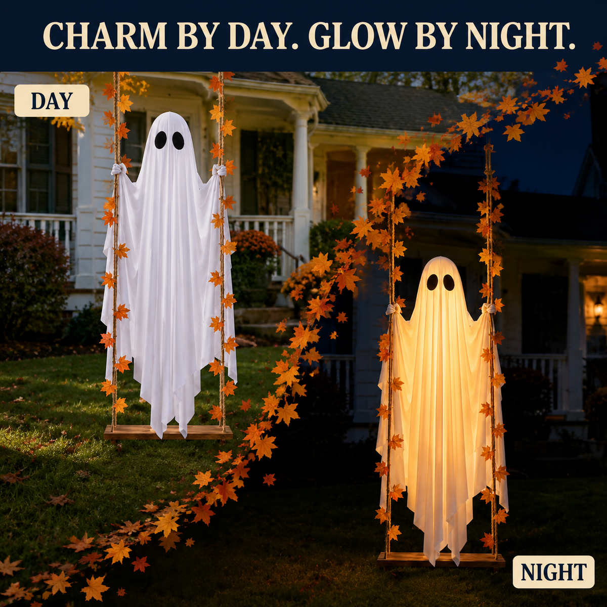 Glowing Halloween Hanging Swing Ghost – hanging ghost shown by day and night