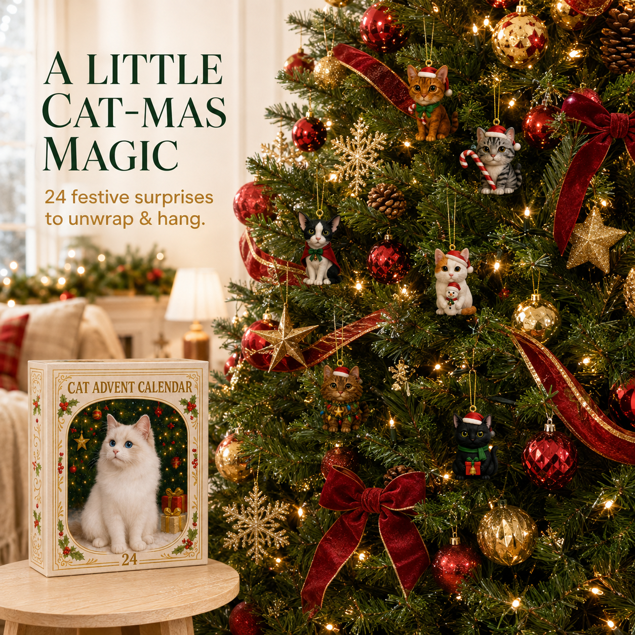 Christmas tree decorated with festive cat ornaments