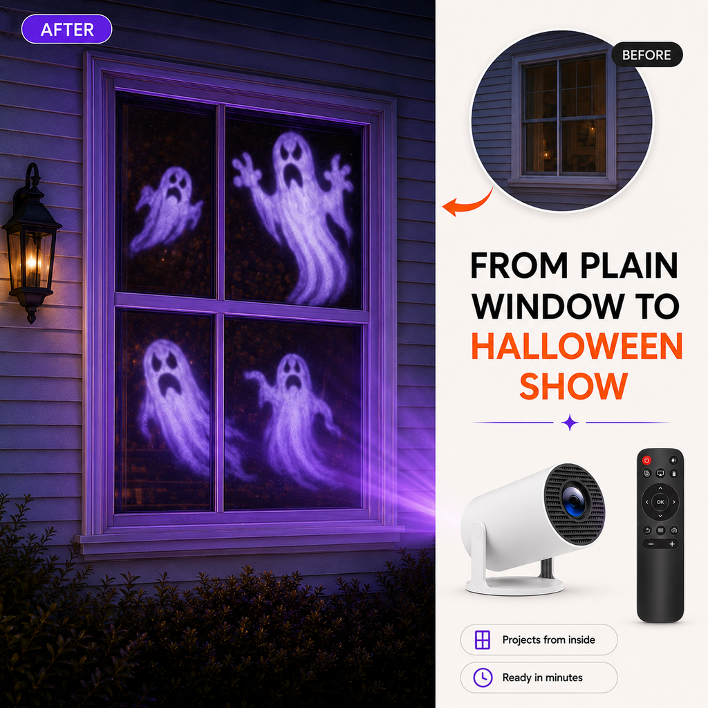 Halloween Window Projection Mini Projector – plain window before and Halloween projection after