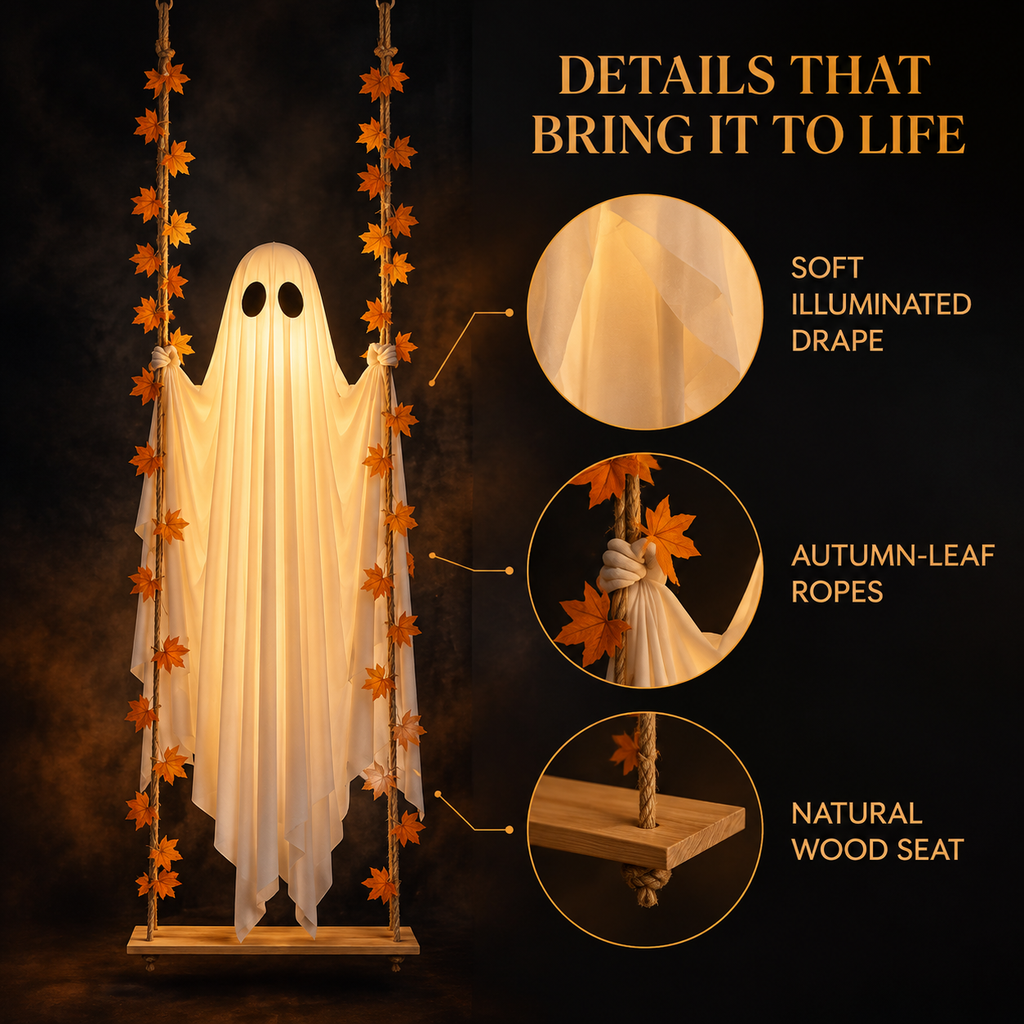 Glowing Halloween Hanging Swing Ghost – illuminated fabric leaf ropes and swing seat details