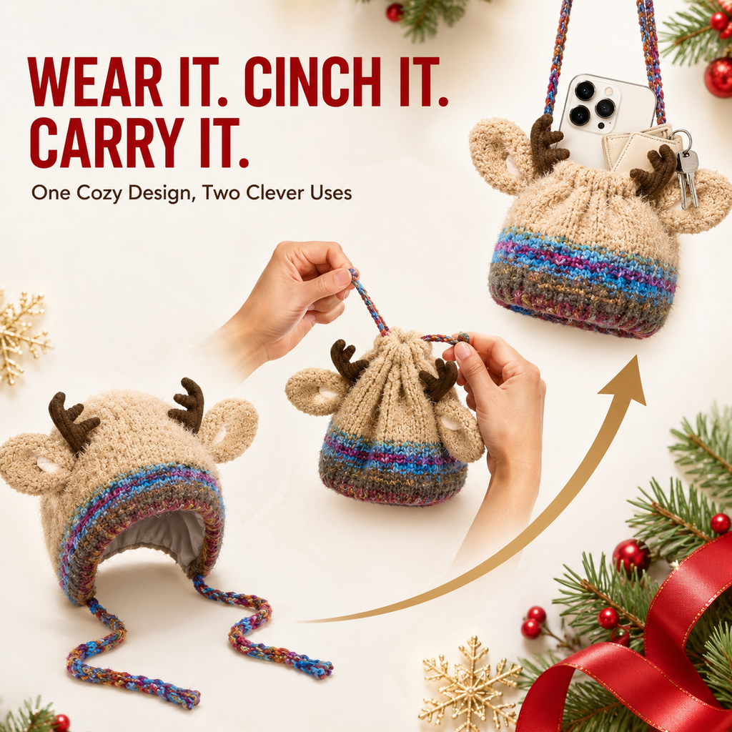 Convertible Reindeer Antler Knit Hat & Mini Bag – reindeer hat converting into a small bag