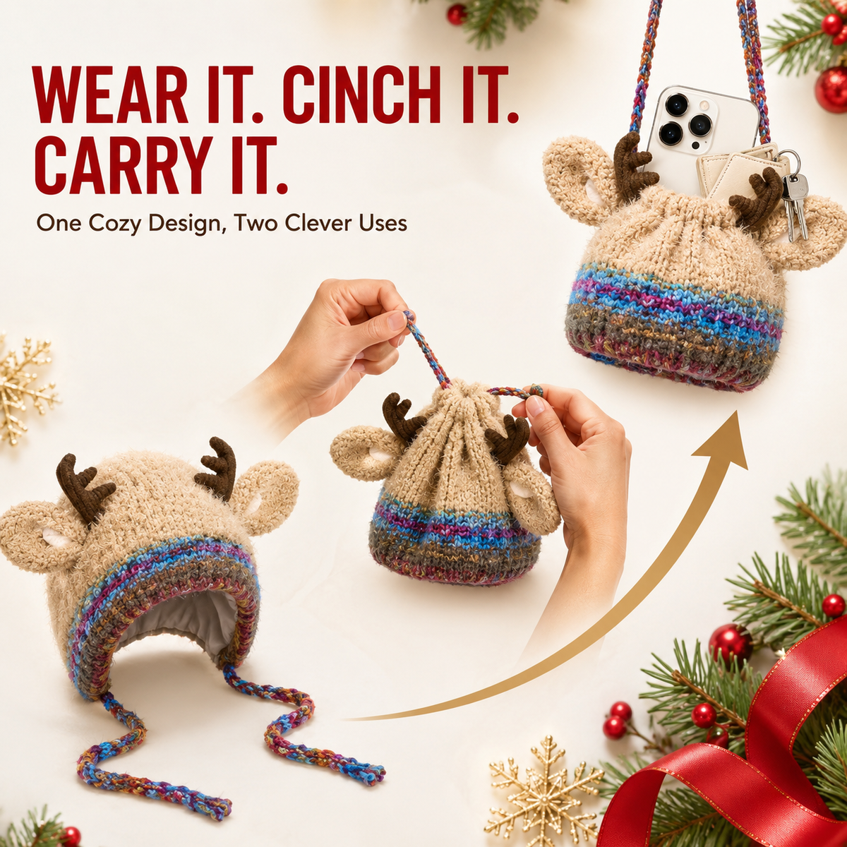 Convertible Reindeer Antler Knit Hat & Mini Bag – reindeer hat converting into a small bag