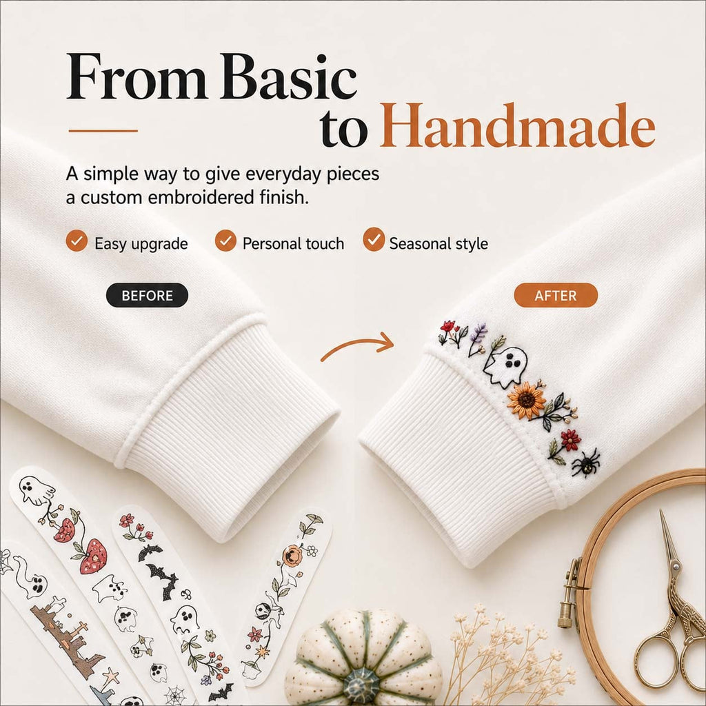 Halloween Water-Soluble Embroidery Transfer Stickers – plain cuff transformed with Halloween embroidery