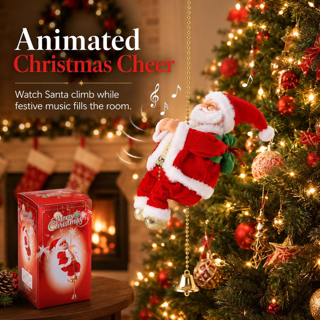 Animated Climbing Santa Christmas Decoration – animated climbing Santa beside a Christmas tree