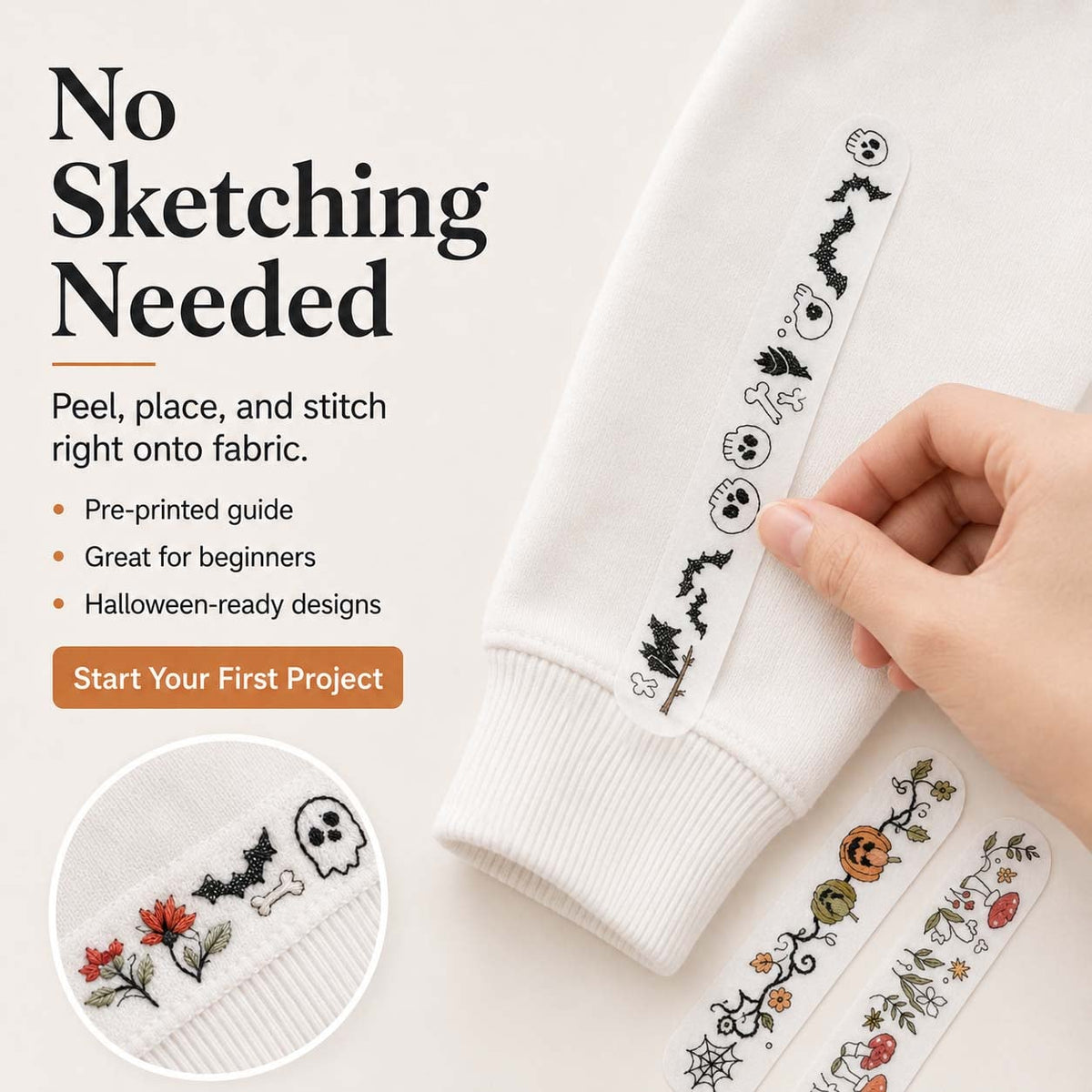 Halloween Water-Soluble Embroidery Transfer Stickers – peel and place embroidery guide on a cuff