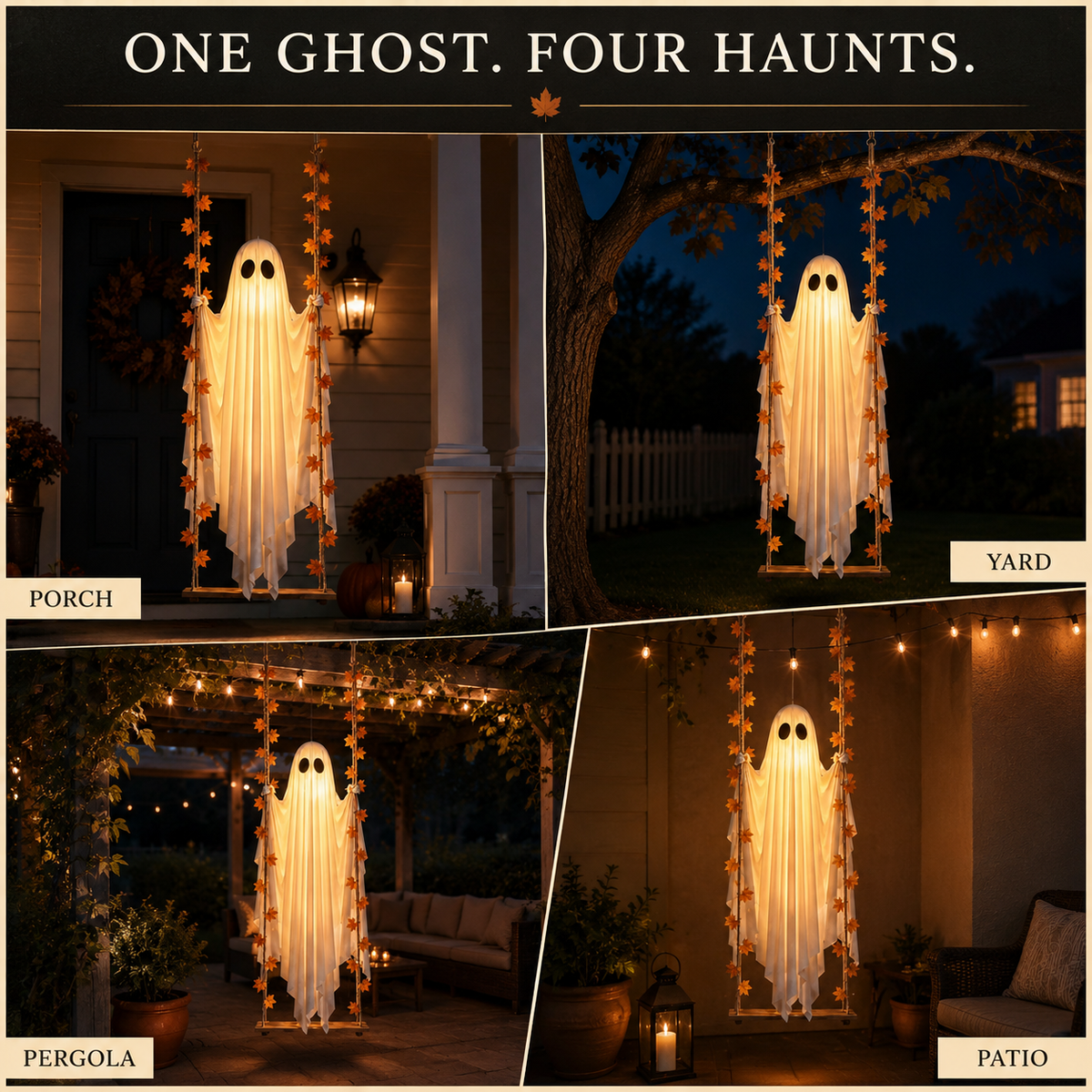 Glowing Halloween Hanging Swing Ghost – hanging ghost in four outdoor display locations