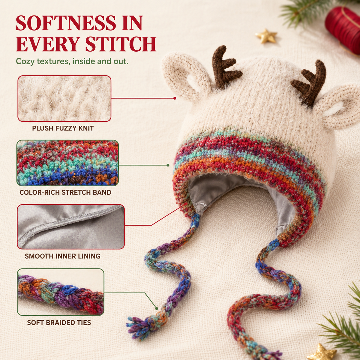 Convertible Reindeer Antler Knit Hat & Mini Bag – reindeer hat knit fabric lining and braided ties
