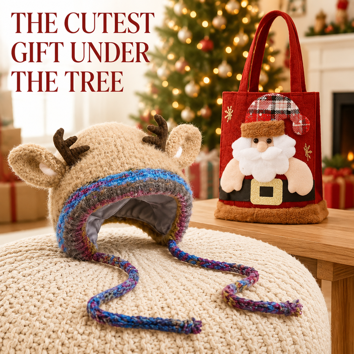 Convertible Reindeer Antler Knit Hat & Mini Bag – reindeer antler hat beside a Christmas gift bag