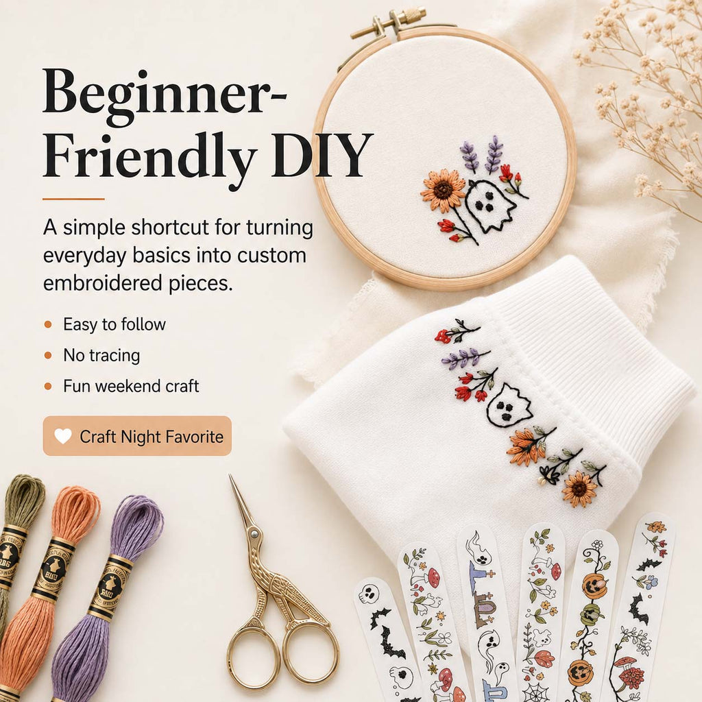 Halloween Water-Soluble Embroidery Transfer Stickers – beginner Halloween embroidery project