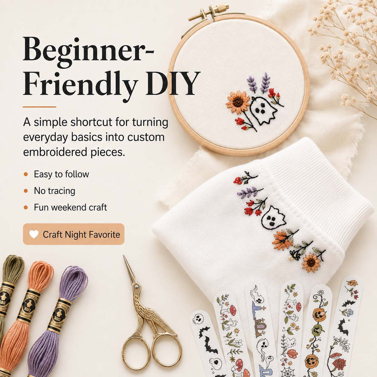 Halloween Water-Soluble Embroidery Transfer Stickers – beginner Halloween embroidery project