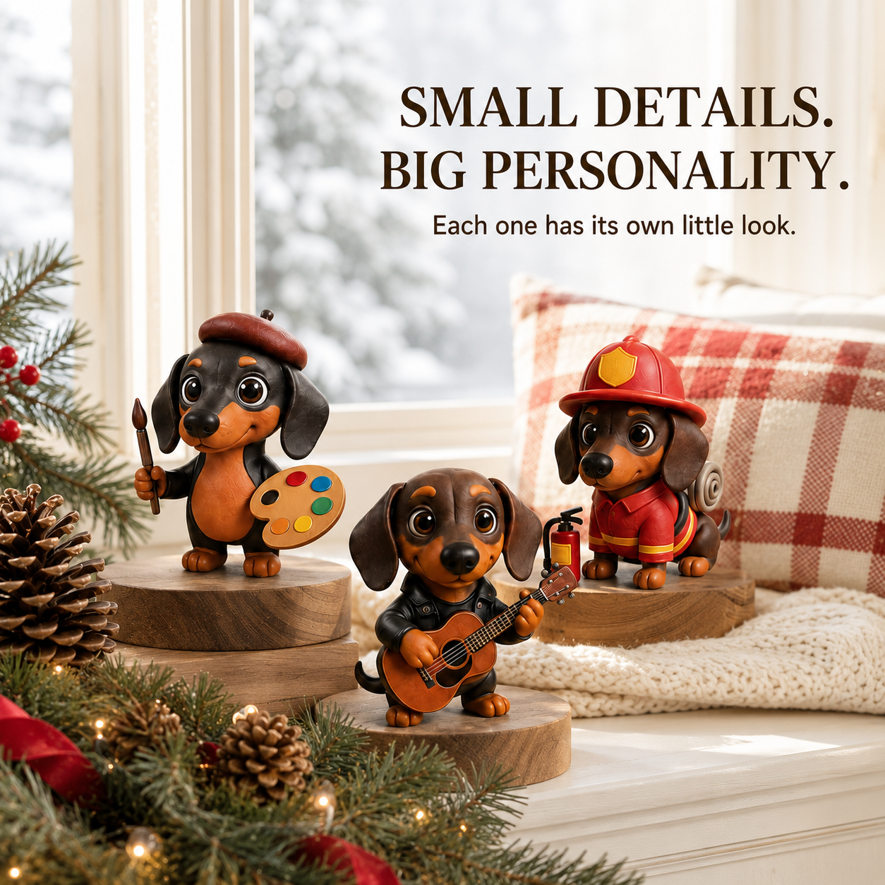 Different dachshund characters in playful outfits