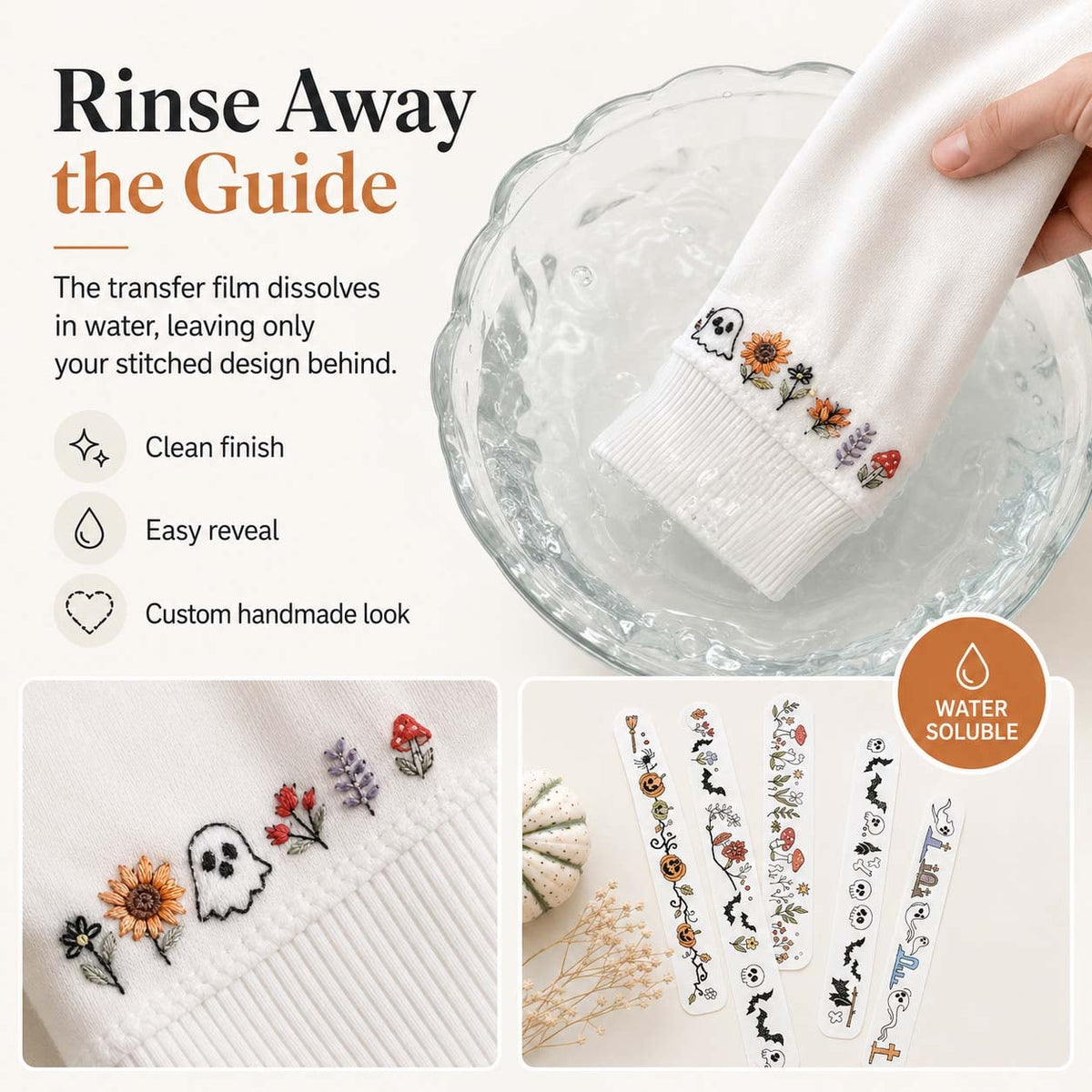 Halloween Water-Soluble Embroidery Transfer Stickers – rinsing away a water-soluble embroidery guide