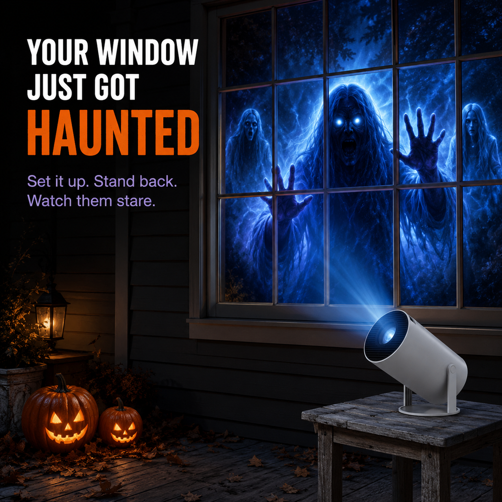 Halloween Window Projection Mini Projector – haunted window projection viewed from outside