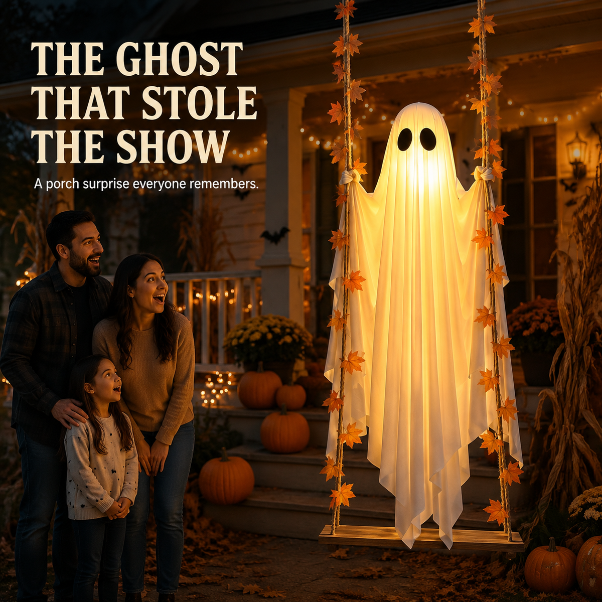 Glowing Halloween Hanging Swing Ghost – glowing Halloween ghost hanging on a swing