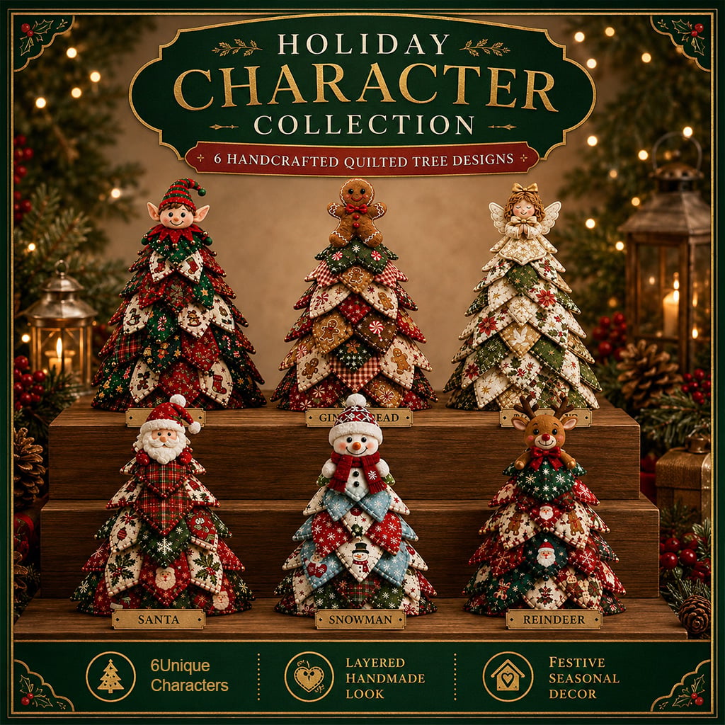 DIY Quilted Christmas Tree Craft Kit – six holiday character tree designs