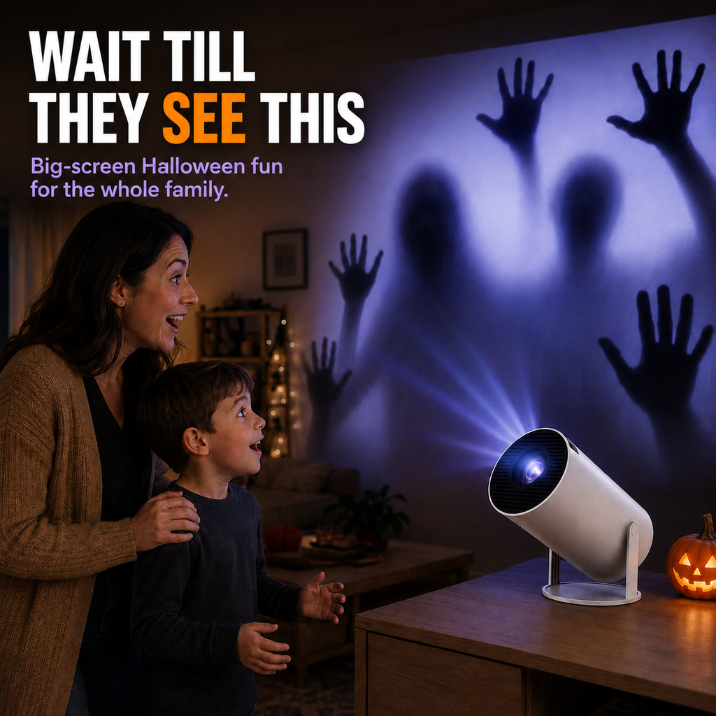 Halloween Window Projection Mini Projector – family watching a Halloween projection