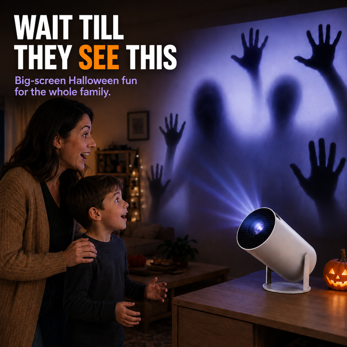 Halloween Window Projection Mini Projector – family watching a Halloween projection