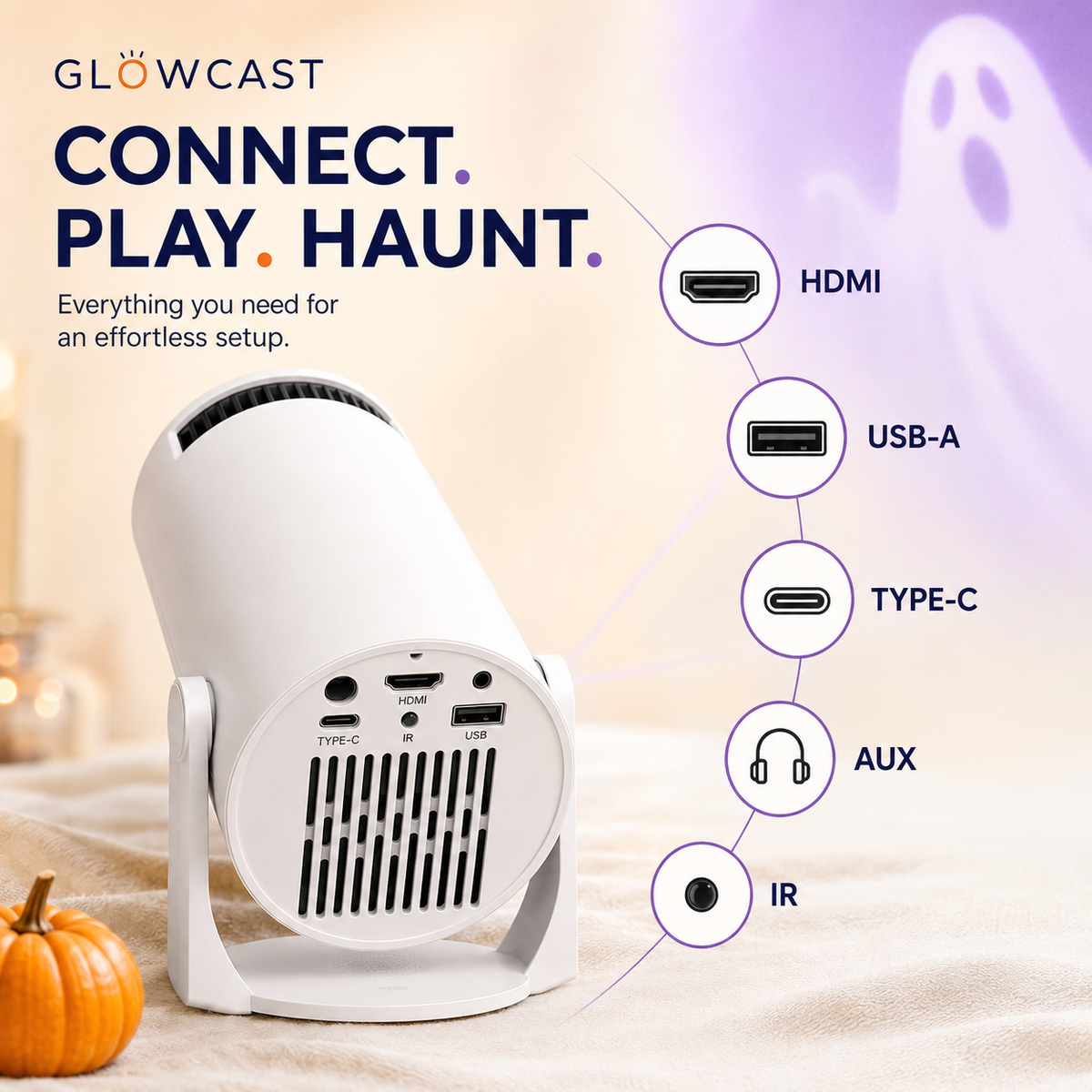 Halloween Window Projection Mini Projector – HDMI USB-A Type-C and AUX connections