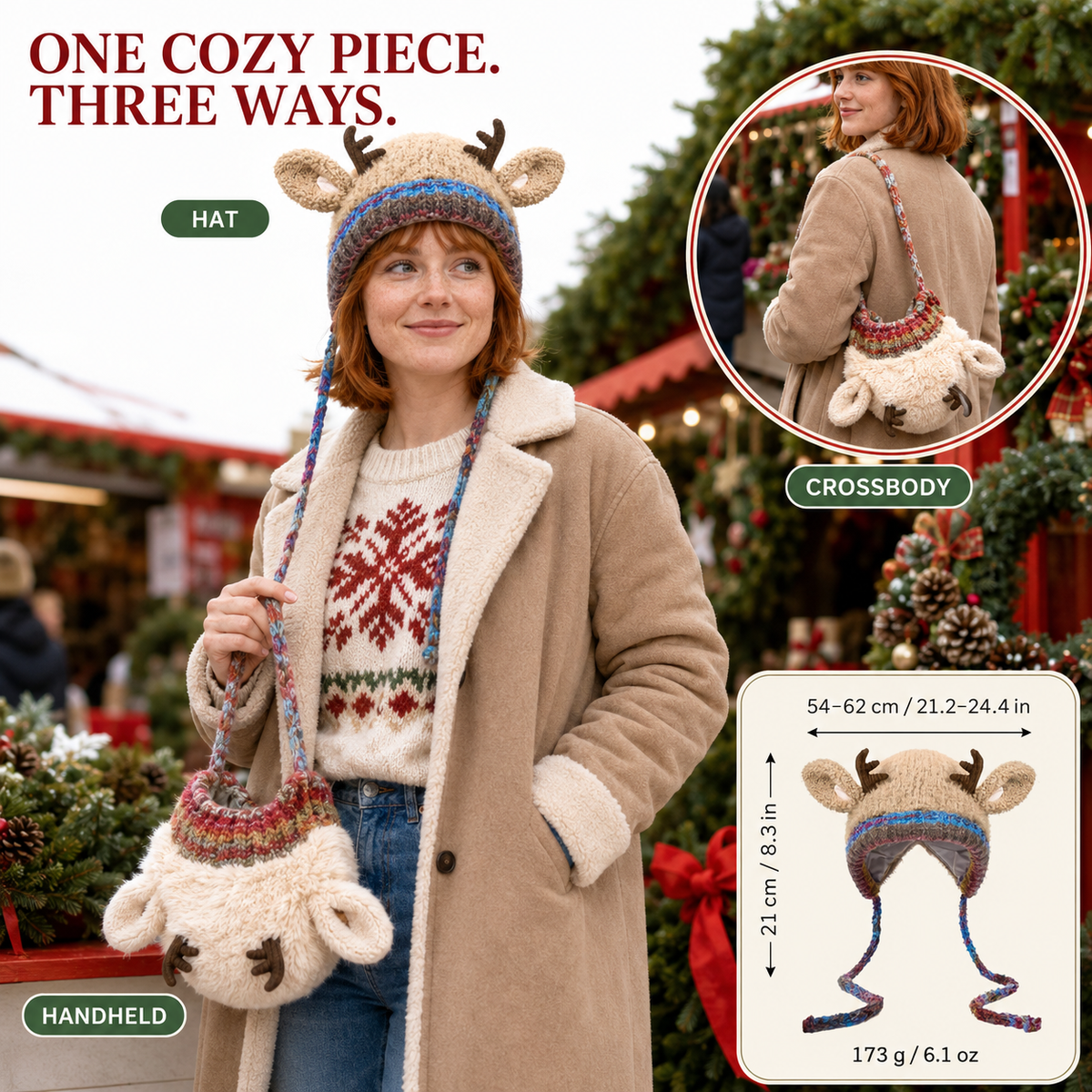 Convertible Reindeer Antler Knit Hat & Mini Bag – three ways to wear or carry the reindeer hat