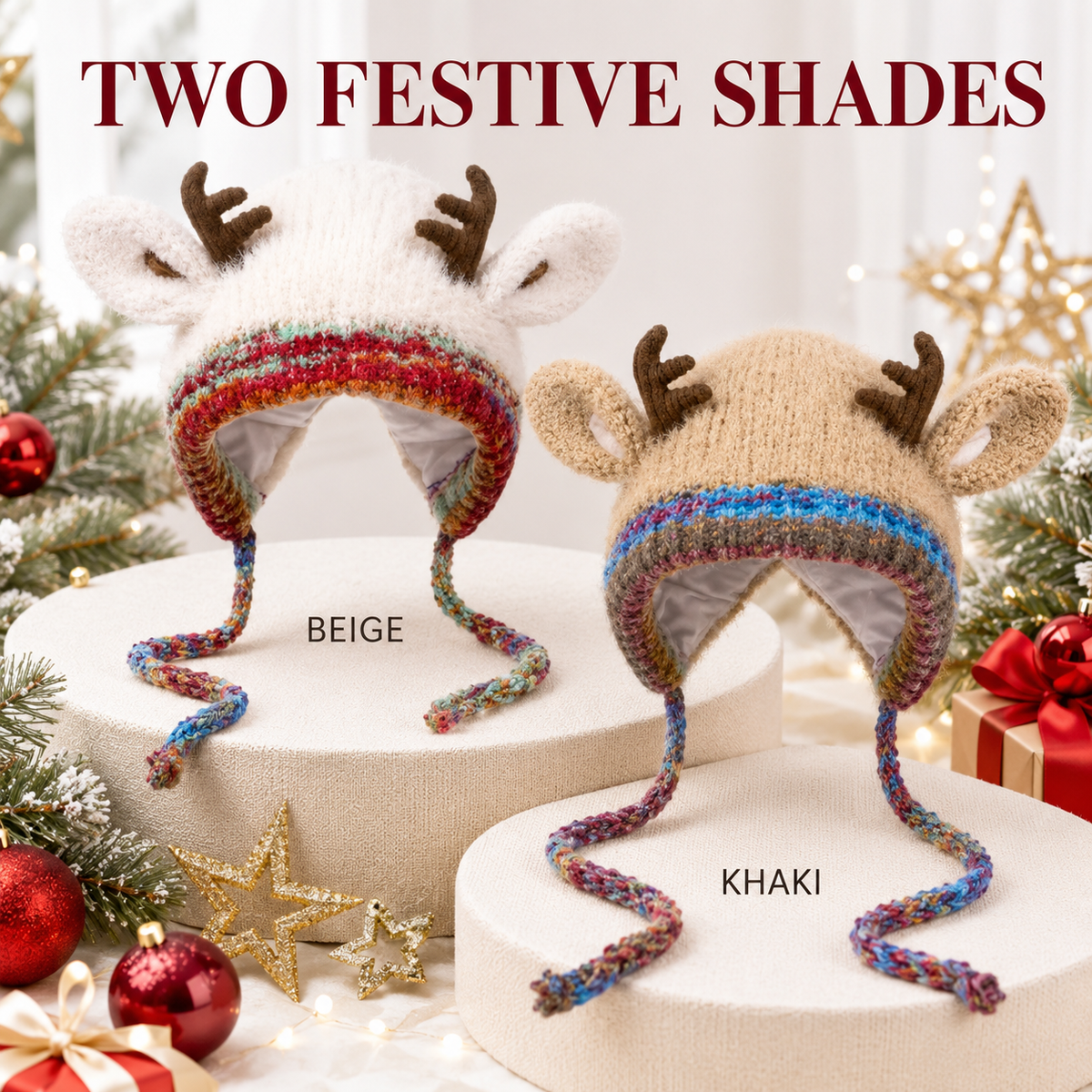 Convertible Reindeer Antler Knit Hat & Mini Bag – beige and khaki reindeer antler knit hats