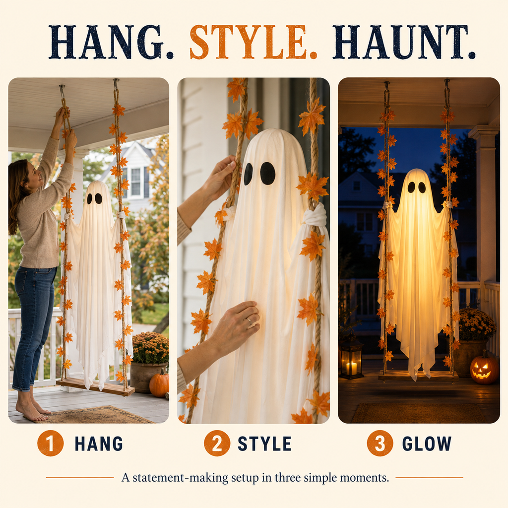 Glowing Halloween Hanging Swing Ghost – three-step hanging ghost setup