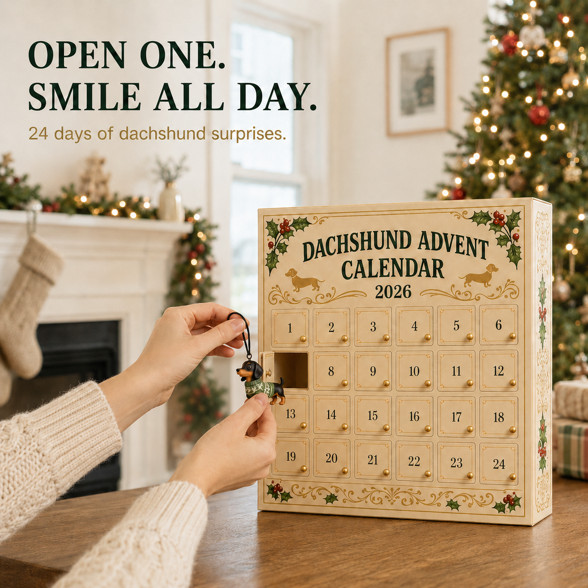 Opening a numbered door on the Dachshund Advent Calendar