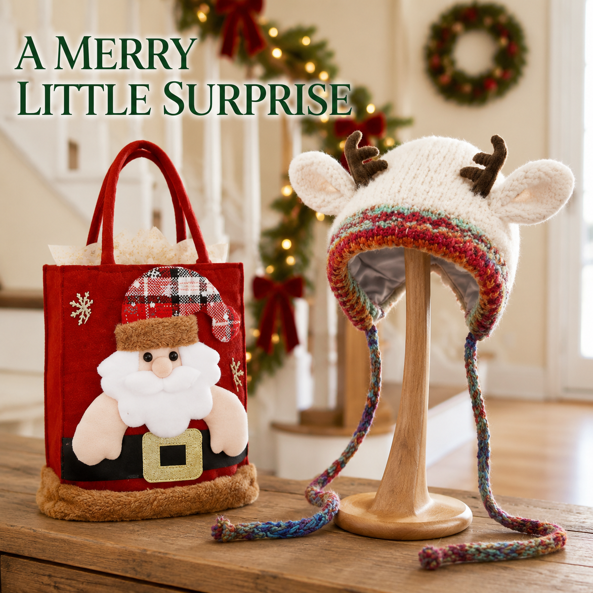 Convertible Reindeer Antler Knit Hat & Mini Bag – reindeer antler hat and holiday tote display