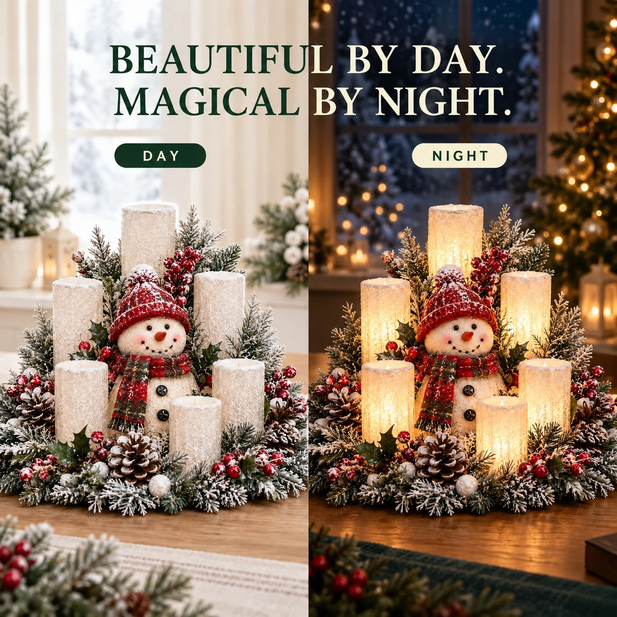 Snowman candle centerpiece shown unlit by day and glowing at night