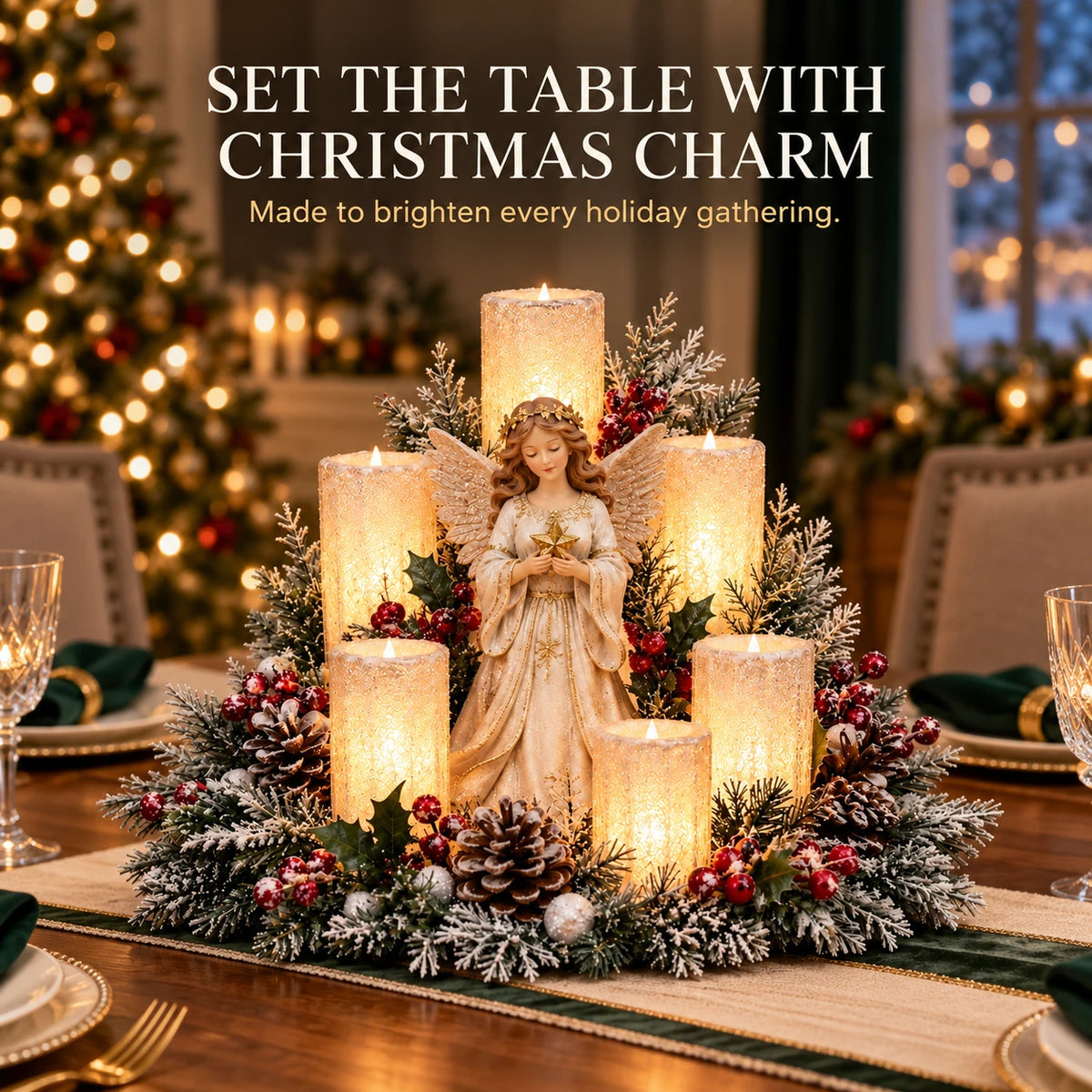 Angel candle centerpiece on a decorated Christmas dining table