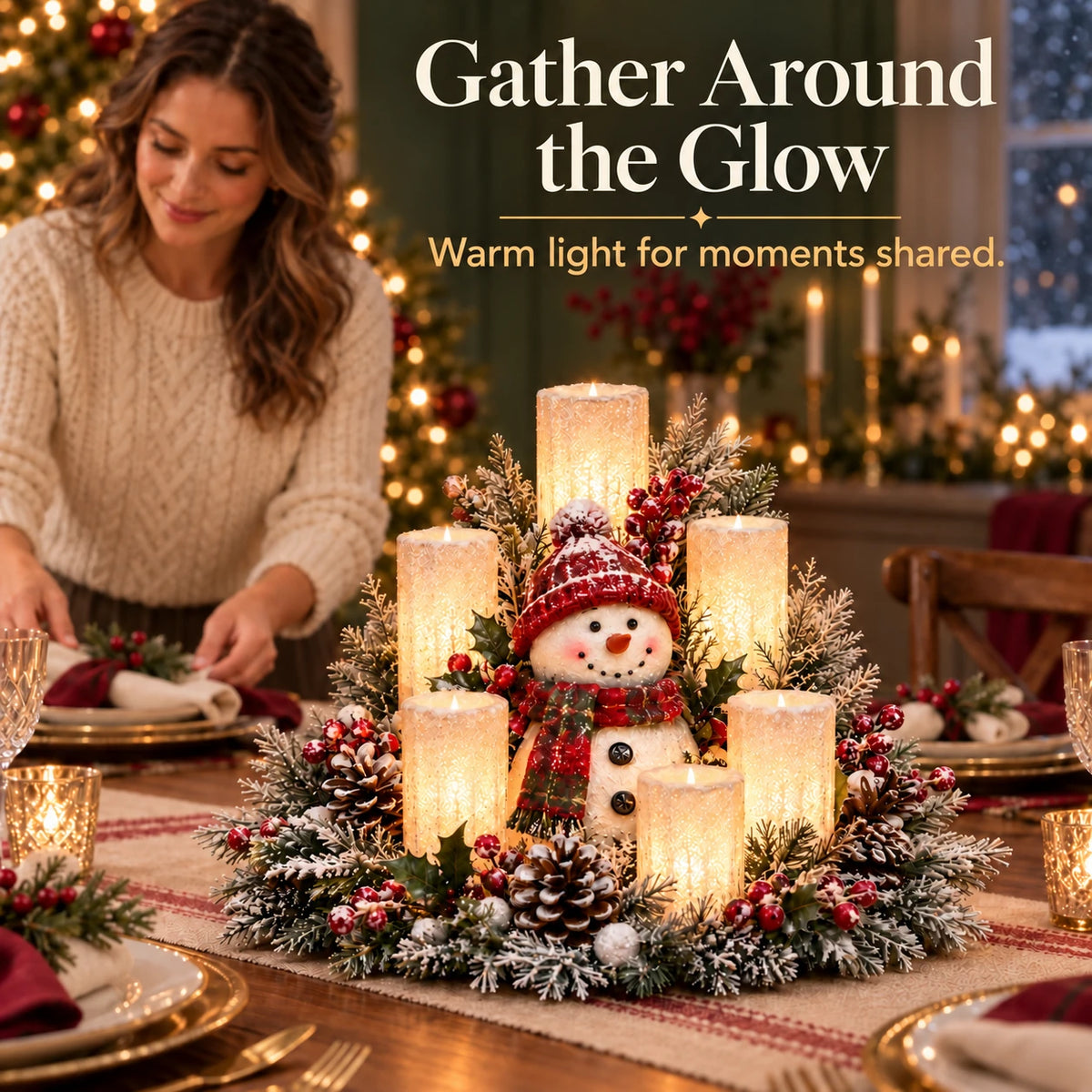 Woman setting a Christmas table beside a glowing snowman centerpiece