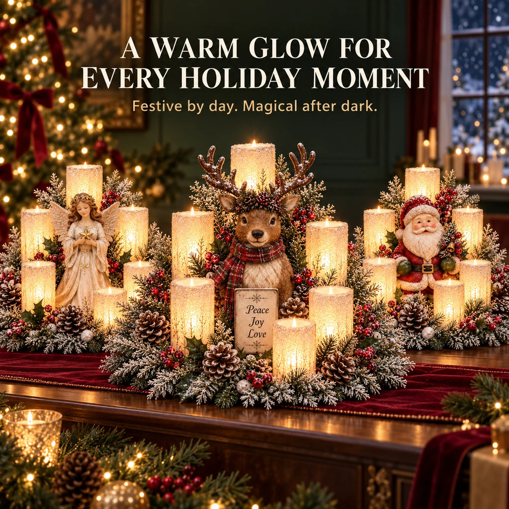 Reindeer and other Christmas candle centerpieces displayed together
