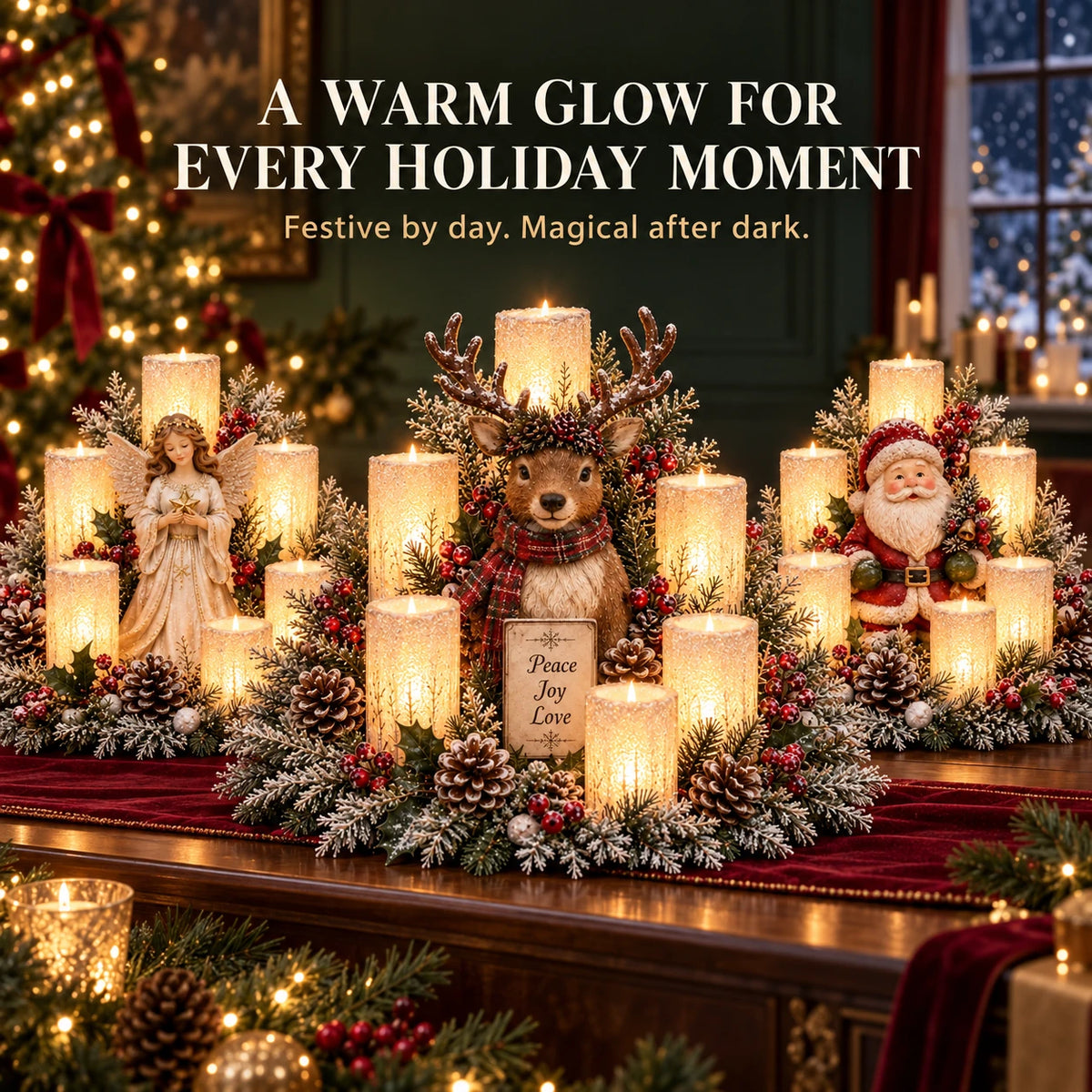 Reindeer and other Christmas candle centerpieces displayed together