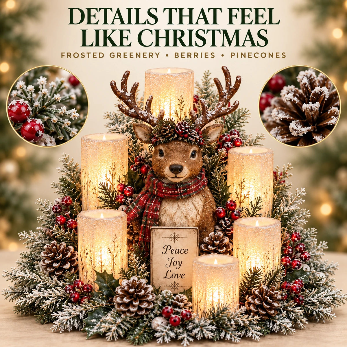 Reindeer centerpiece with frosted greenery, berries and pinecone detail close-ups