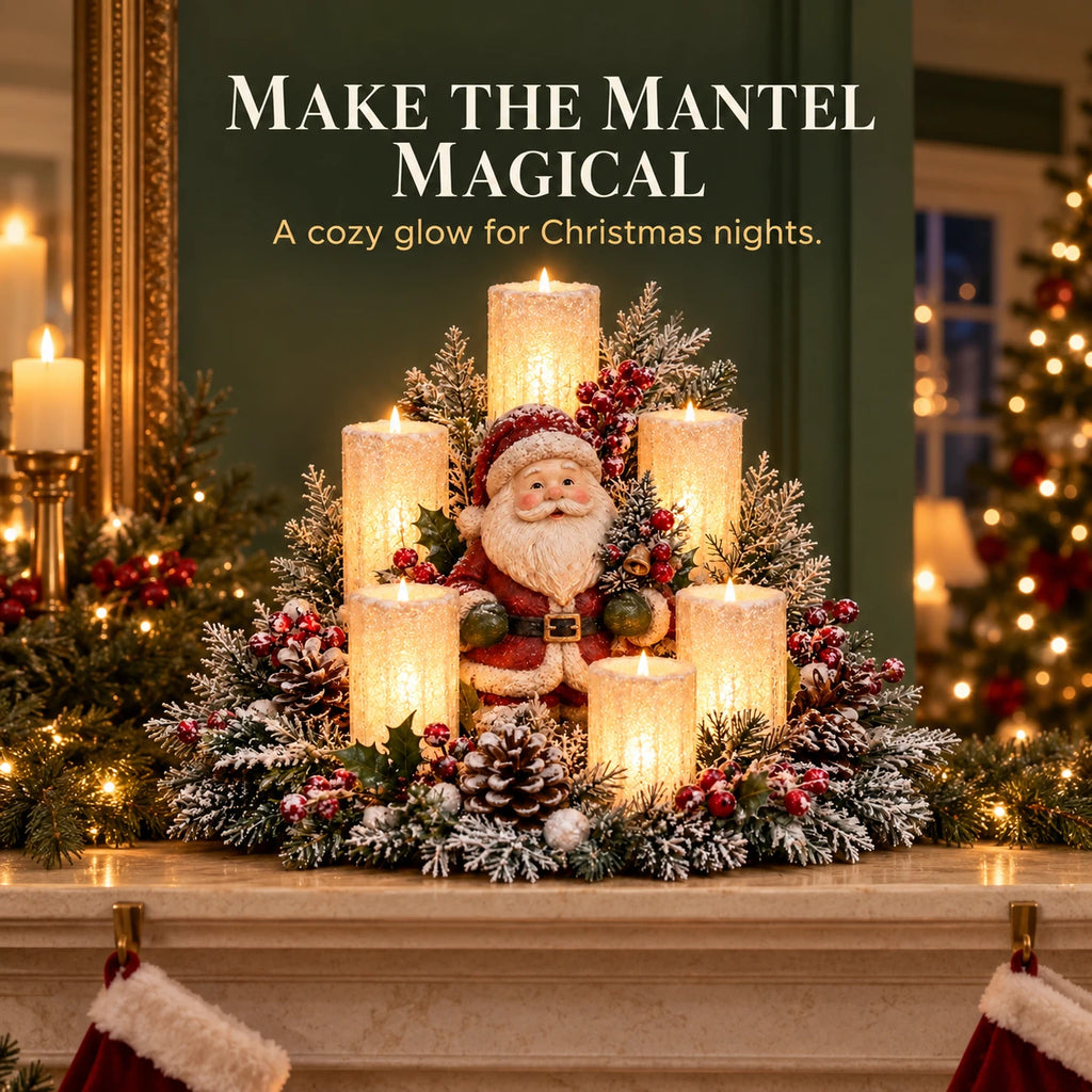 Santa flameless candle centerpiece displayed on a Christmas mantel