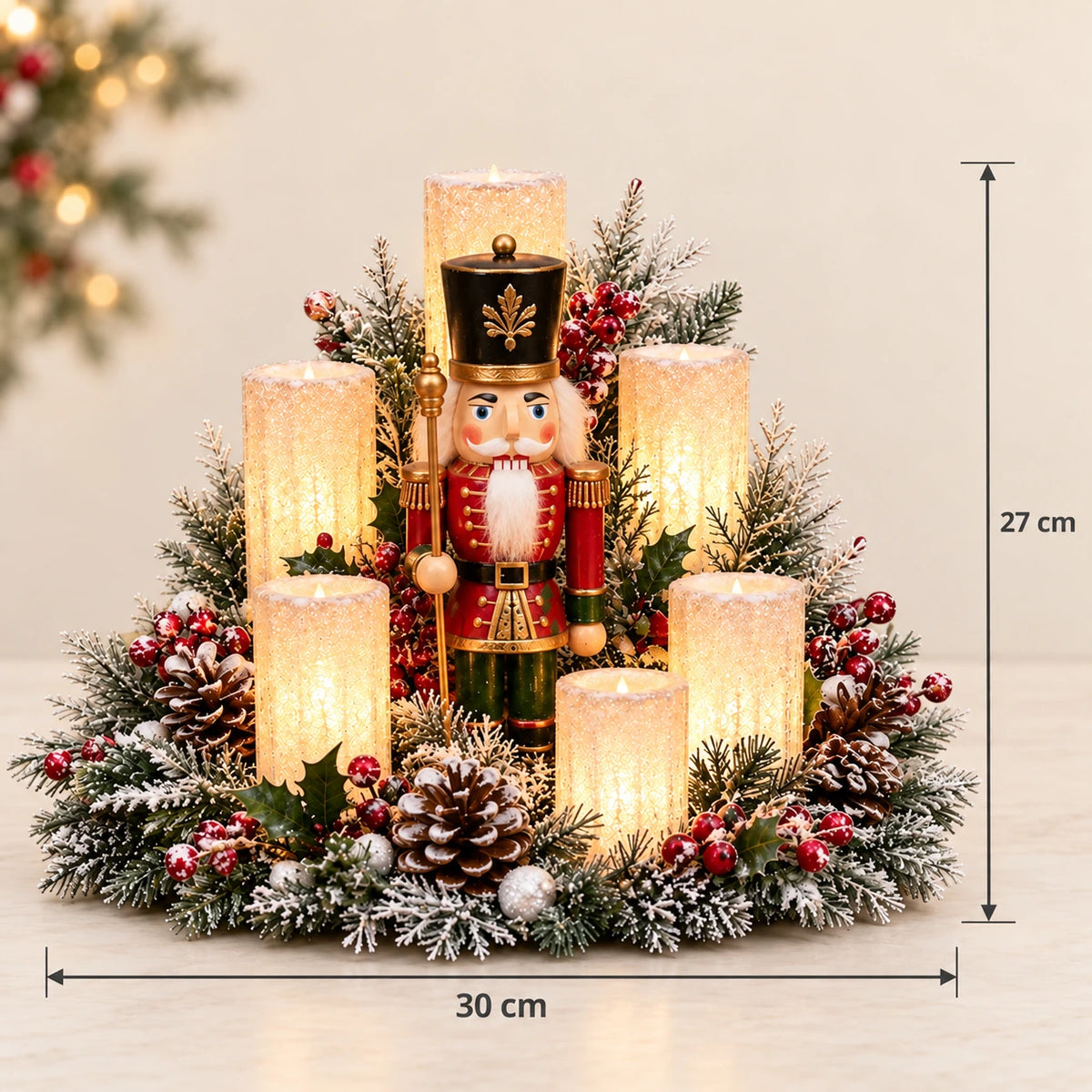 Nutcracker candle centerpiece with dimensions of 30 cm wide and 27 cm tall