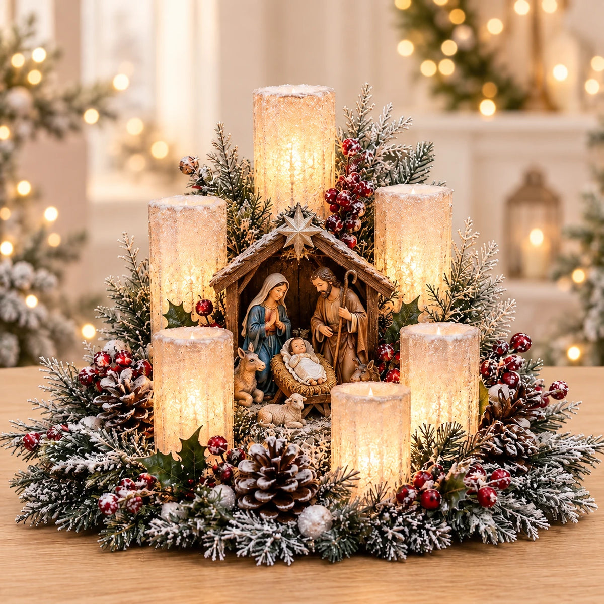 Nativity flameless candle centerpiece with greenery and pinecones