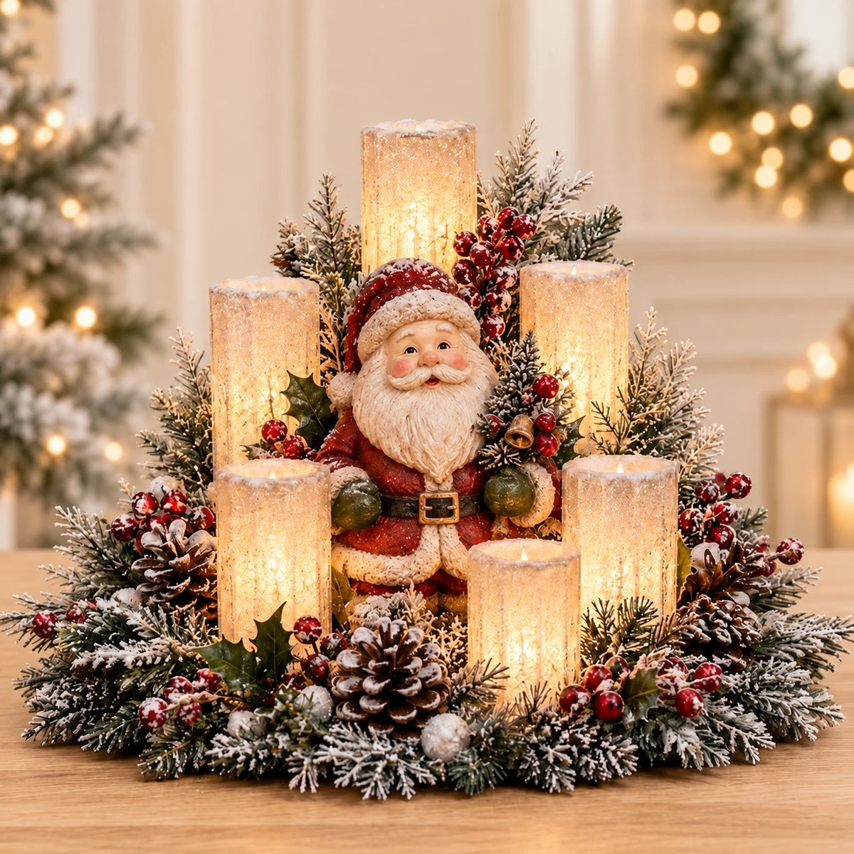 Santa flameless candle centerpiece with berries and frosted branches