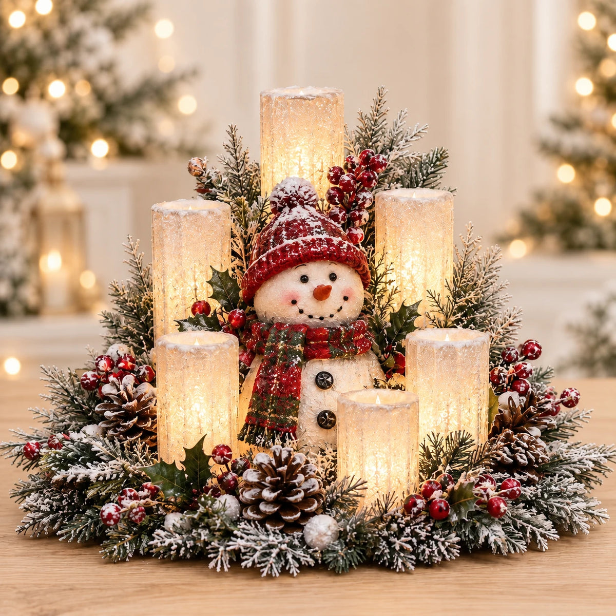 Snowman flameless candle centerpiece with red hat and festive greenery