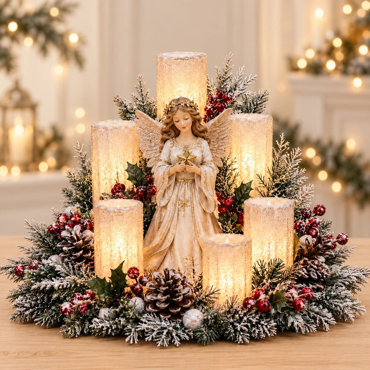 Angel flameless candle centerpiece with warm glowing candles