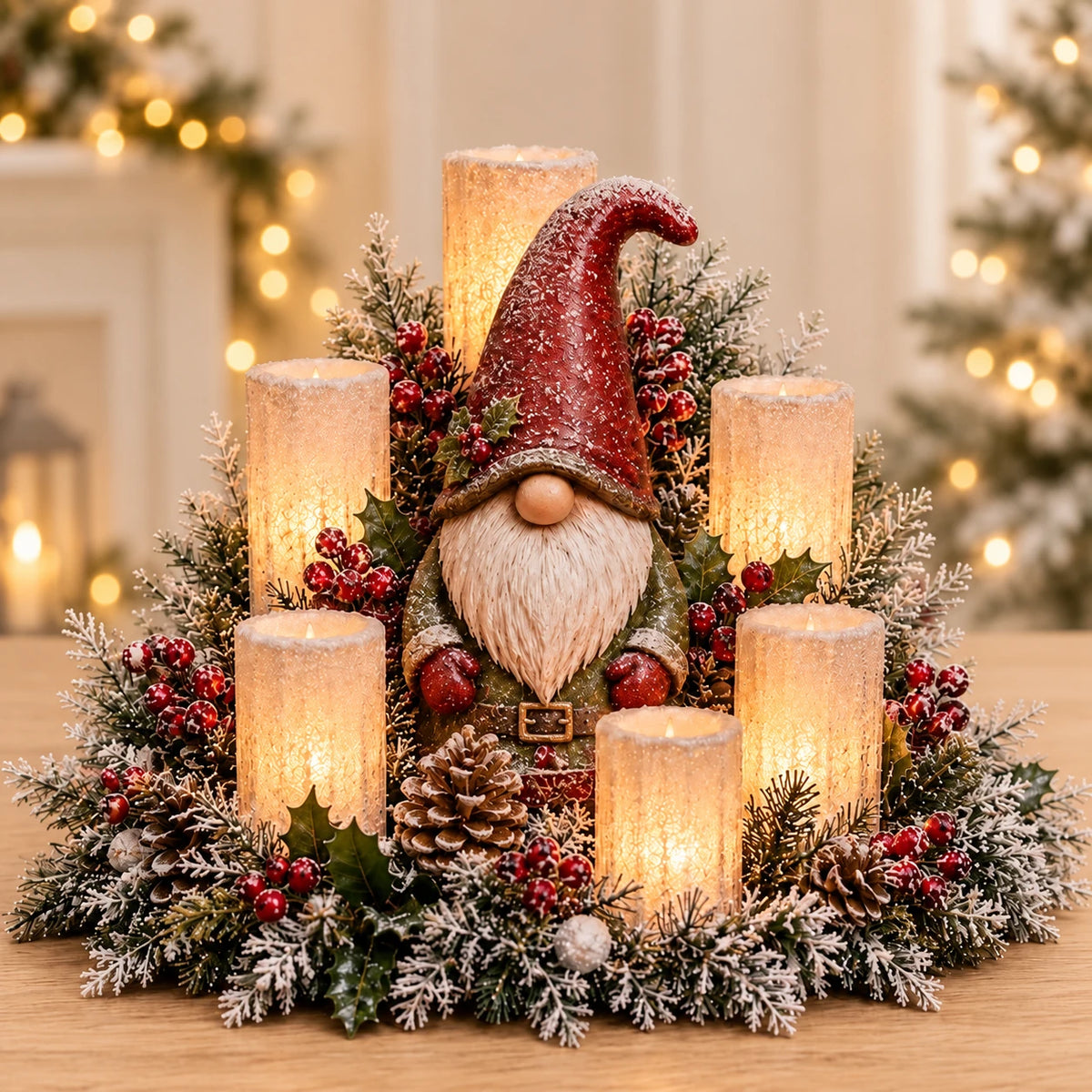 Christmas gnome flameless candle centerpiece with striped hat