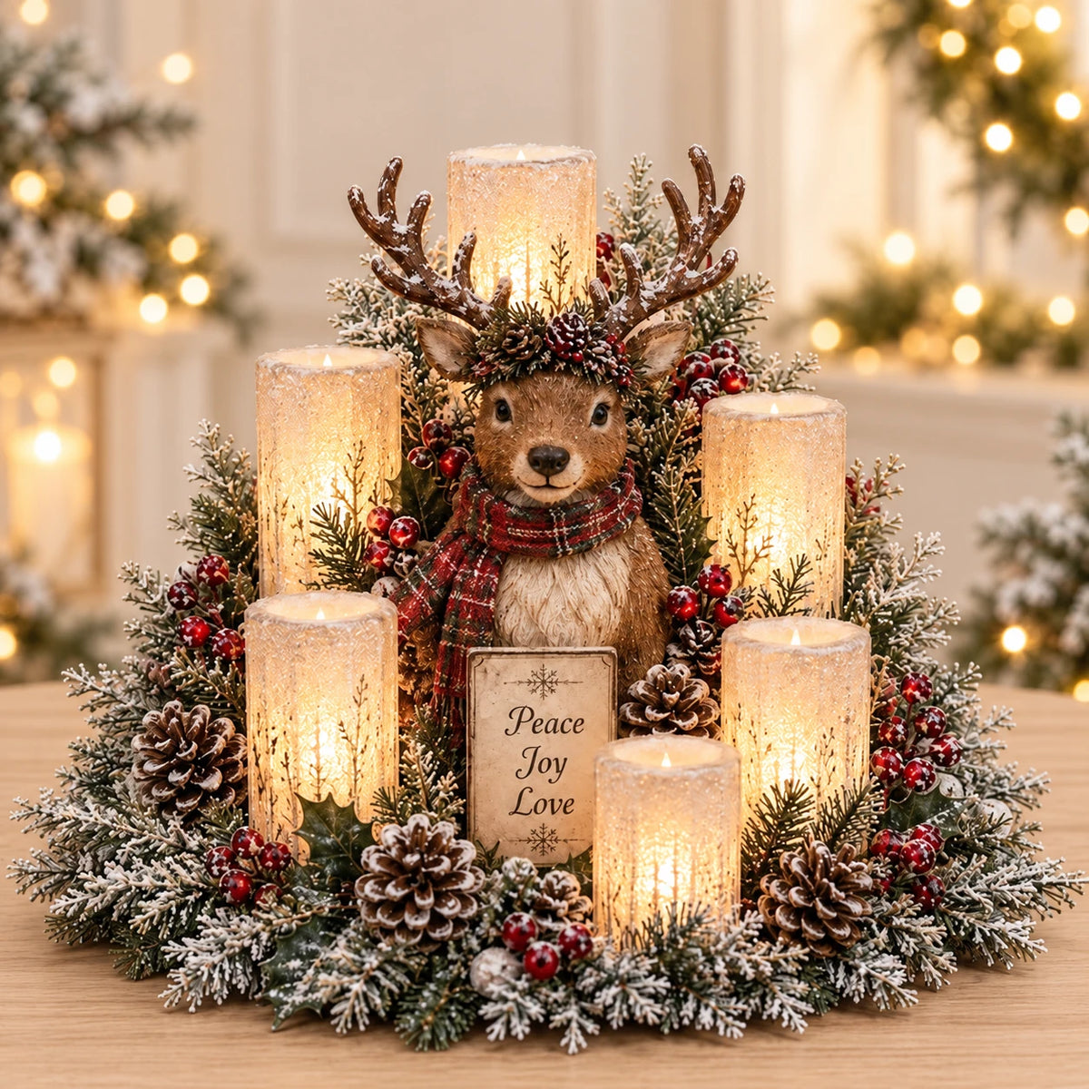 Reindeer flameless candle centerpiece with frosted greenery