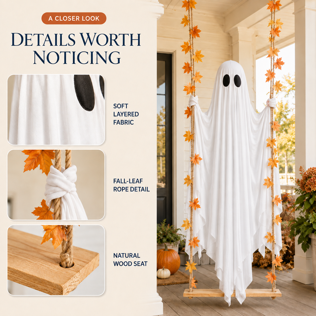 Glowing Halloween Hanging Swing Ghost – close-up of hanging ghost fabric and rope details
