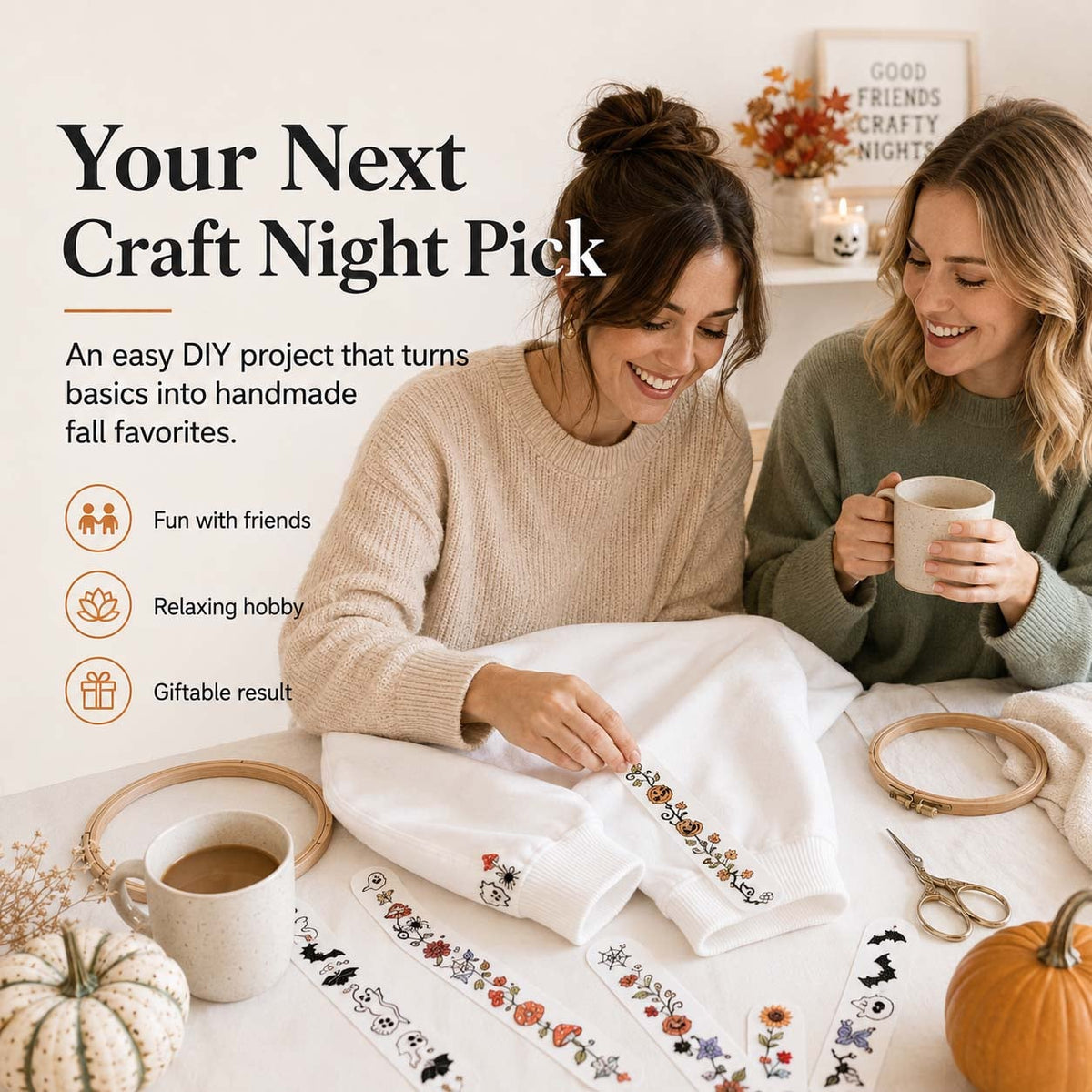 Halloween Water-Soluble Embroidery Transfer Stickers – friends working on Halloween embroidery crafts