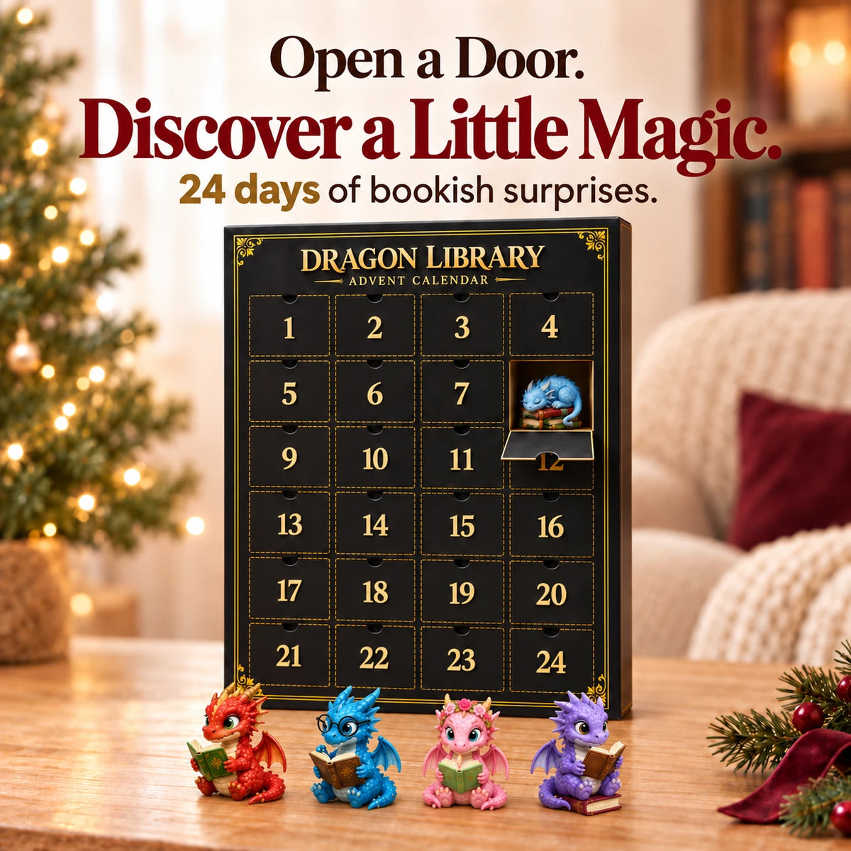 Numbered Dragon Library calendar doors with colorful dragon ornaments