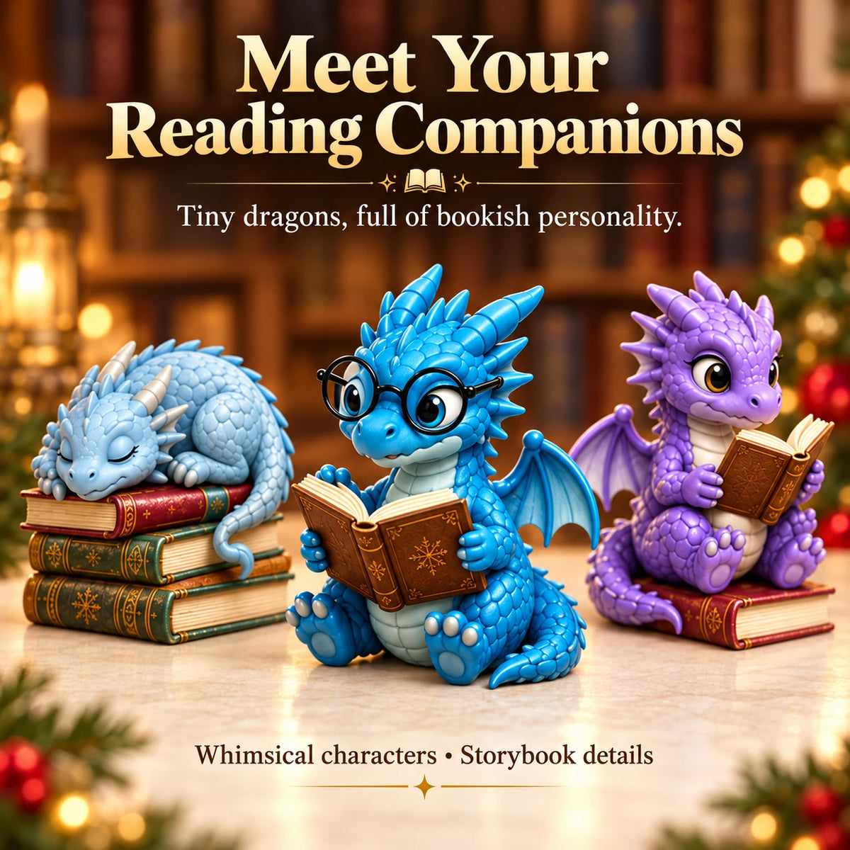 Blue and purple reading dragons and a sleeping dragon resting on books