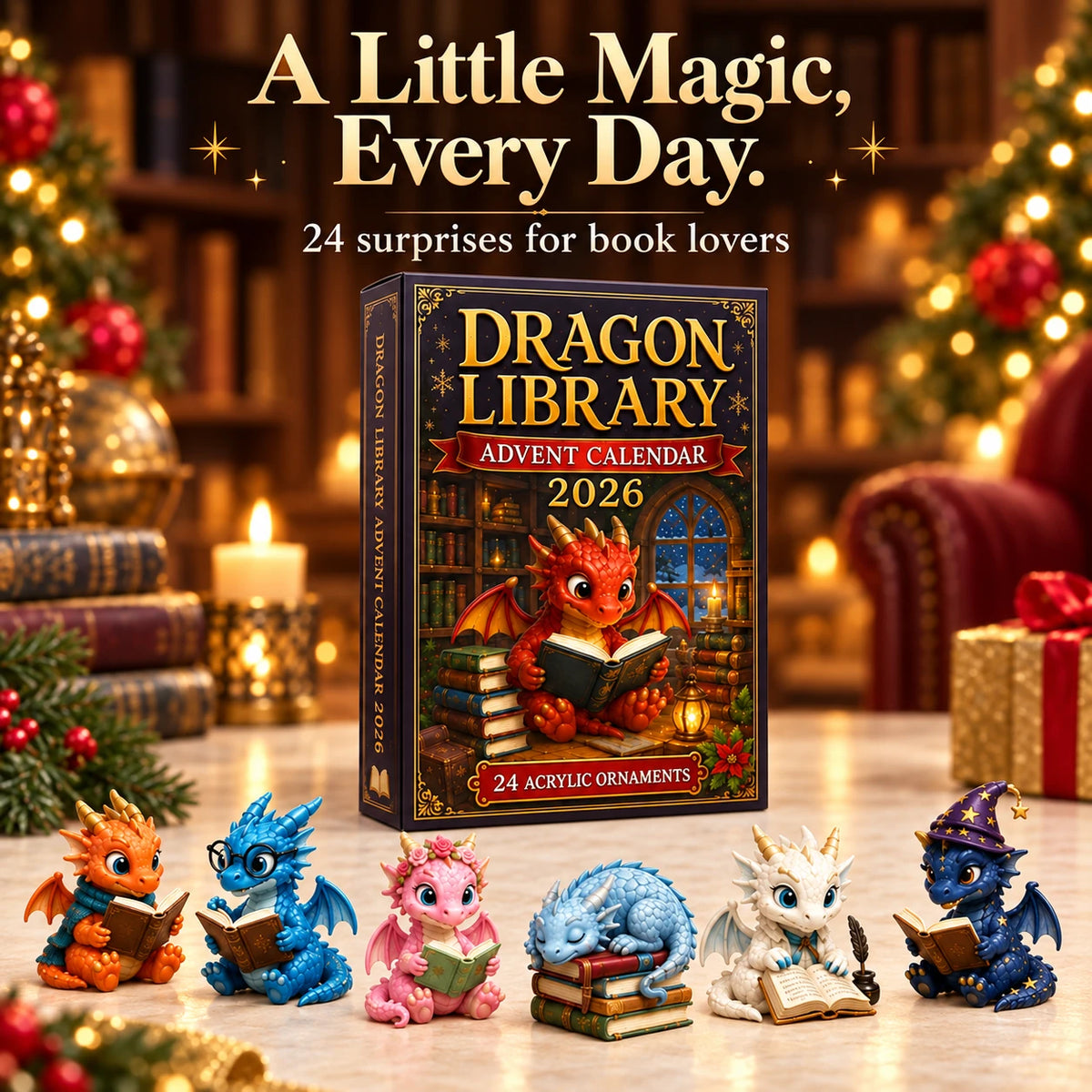 Dragon Library Advent Calendar gift box with book-themed dragon ornaments